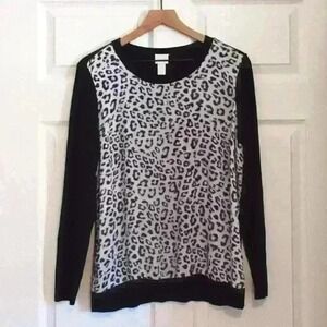 Chico's Sweater Size L Animal Print  Black White Long Sleeve Lightweight Casual
